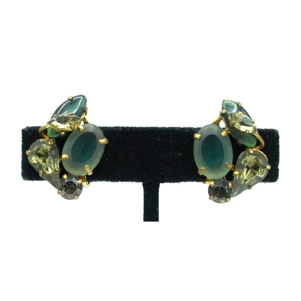 Vintage West Germany Earrings Shades of Green‎ Rhinestones Blue Signed Jewelry